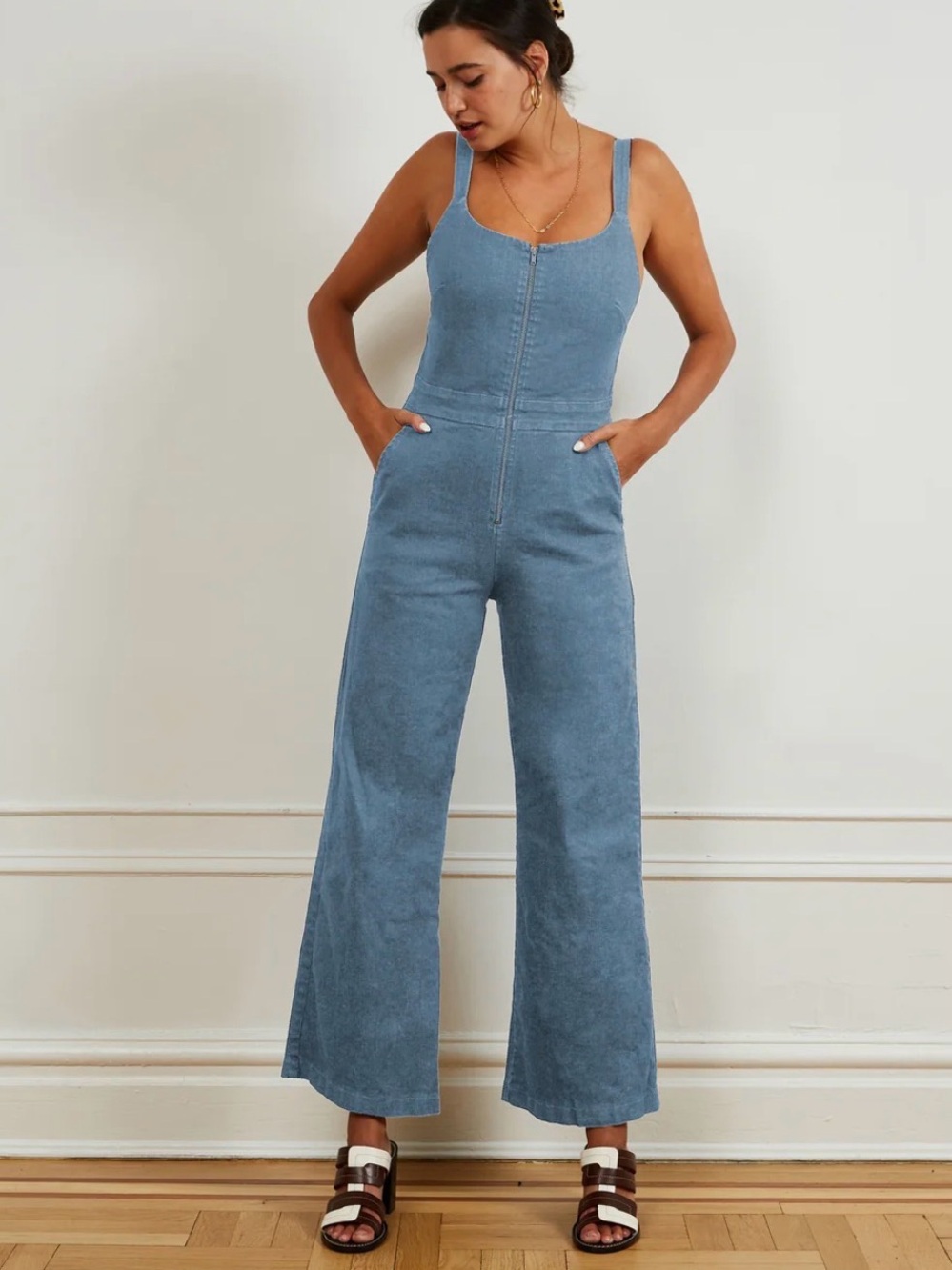 LOUP Billy Zip Front Wide Leg Jumpsuit Light Indigo Size XXS